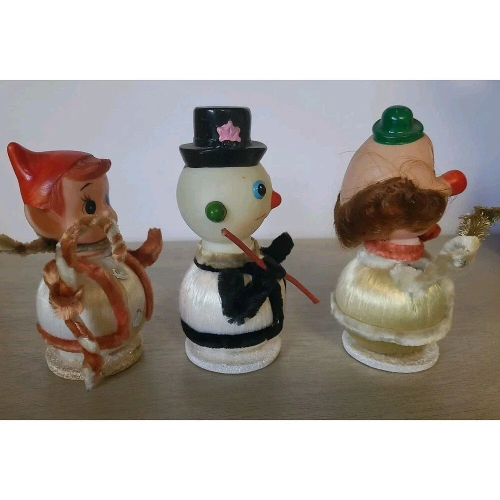 Lot 3 Rubber Plastic Head Satin Ball Figurine Elf Snowman Clown Styrofoam Base